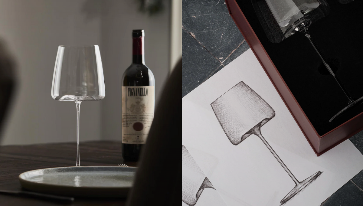 Wine bottle with a glass on a table next to an illustration of a wine glass.