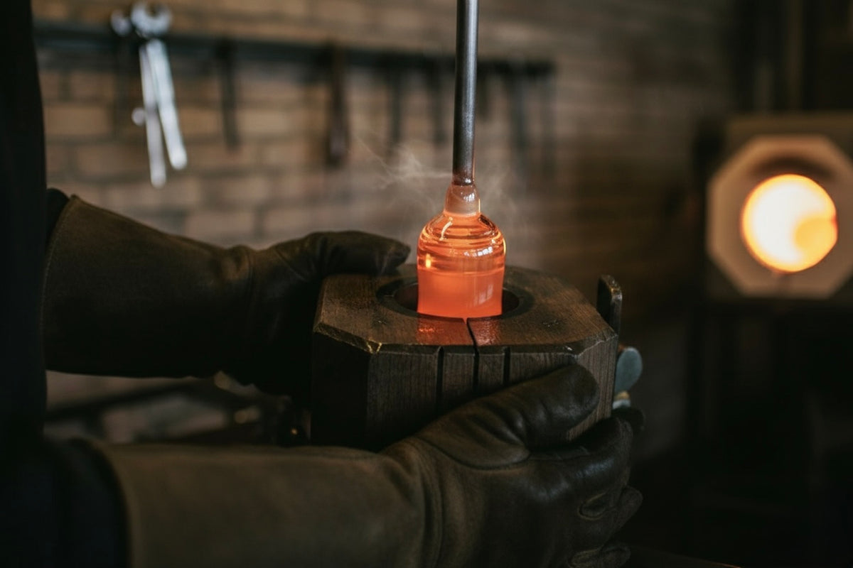 Person wearing gloves holding a glowing object in a workshop setting
