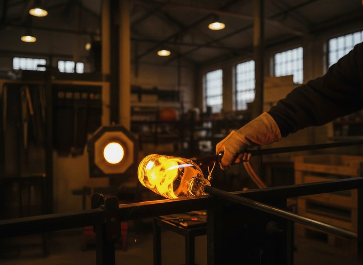 Person working with molten glass in a workshop setting